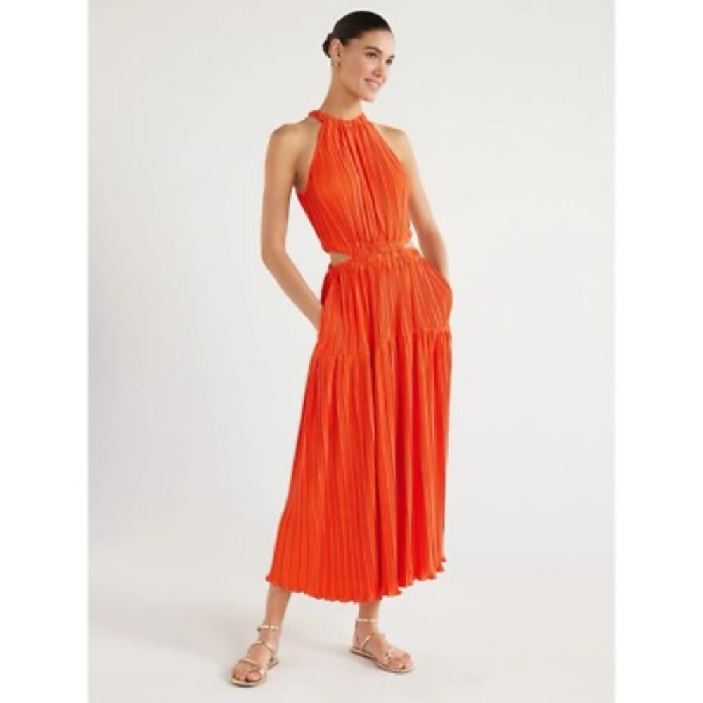 Scoop Orange Pleated Midi Halter Dress with Cut-outs